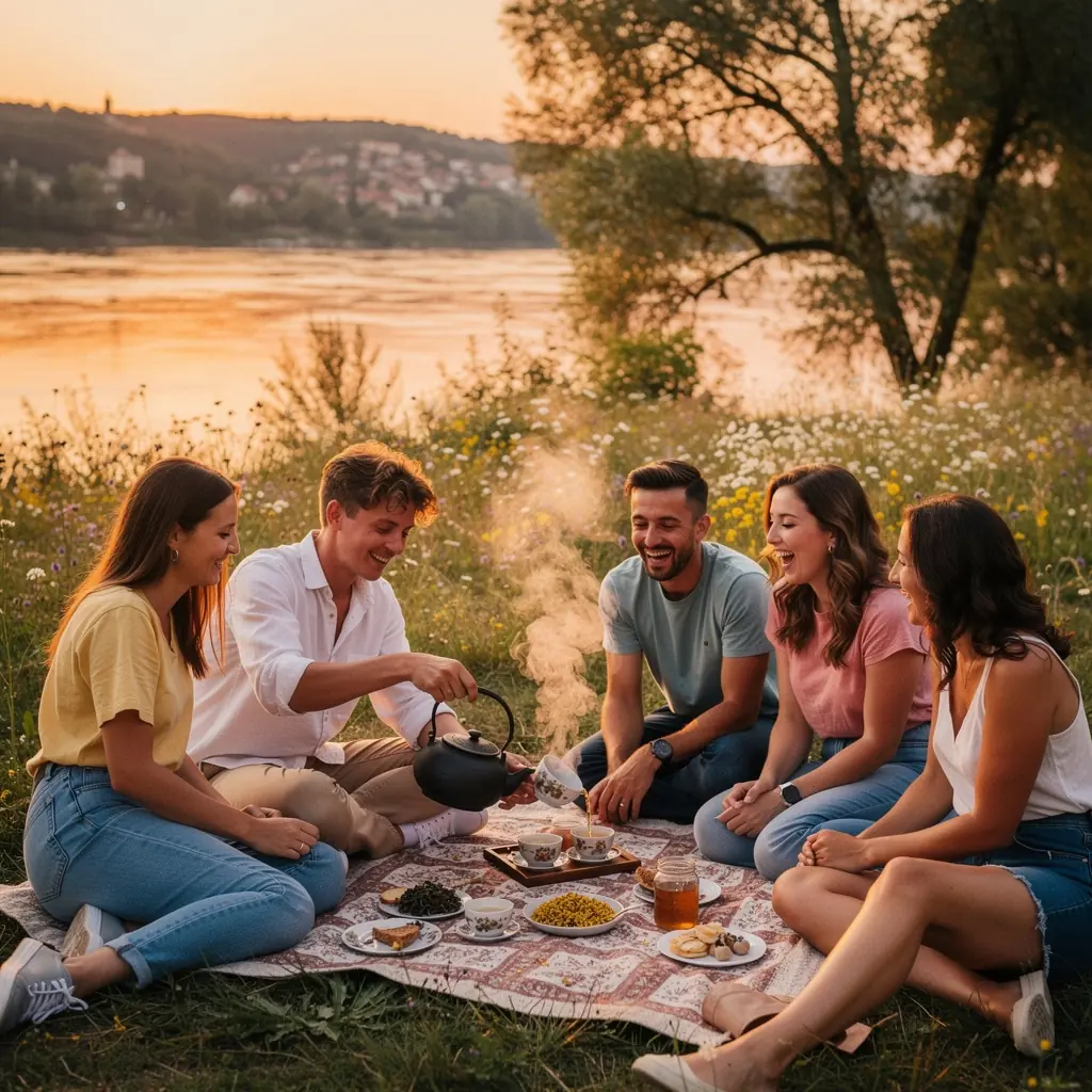 Kvet osmanthu na pozadí s rozmazaným čajovým obradom.