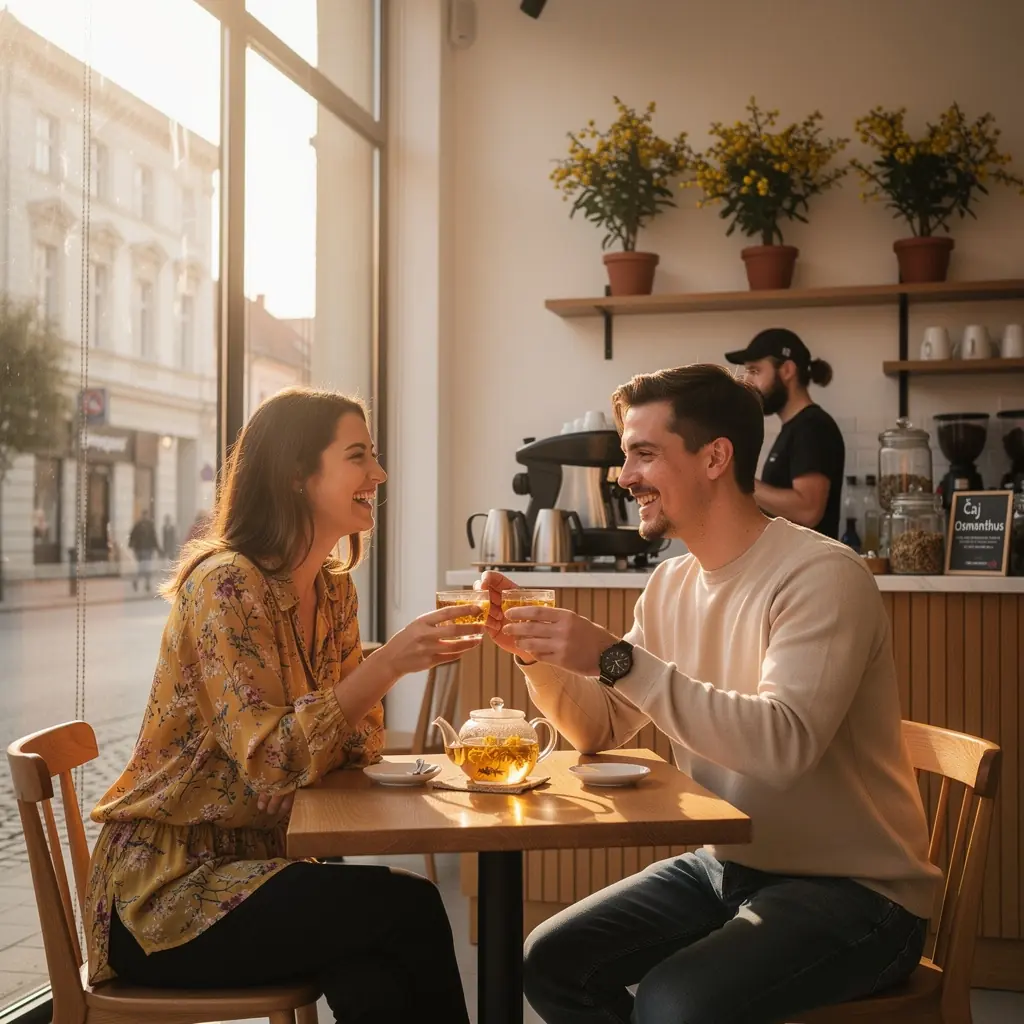 Pohľad na čajovú súpravu s osmantusovým čajom a čerstvými kvetmi.
